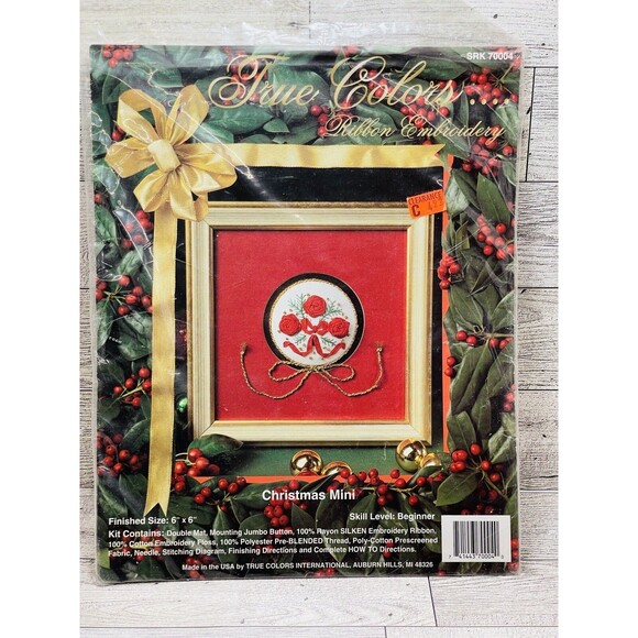 Christmas Mini Ribbon Embroidery KIT Red Roses Beginner Craft USA 6"  Cottage - Picture 4 of 7
